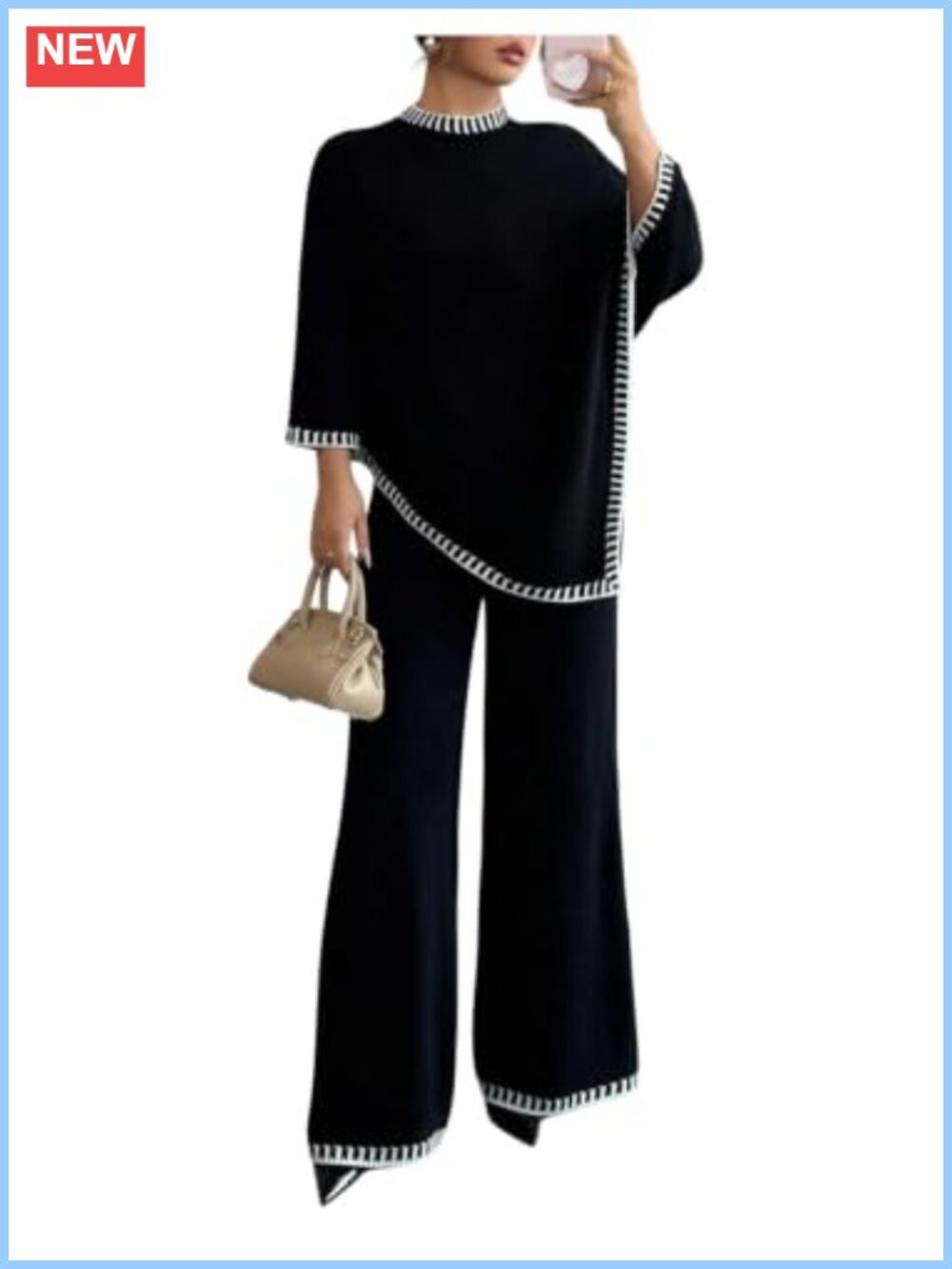 WDIRARA Women's 2 Piece Knit Poncho Top & Wide Leg Pants Set Contrast Trim